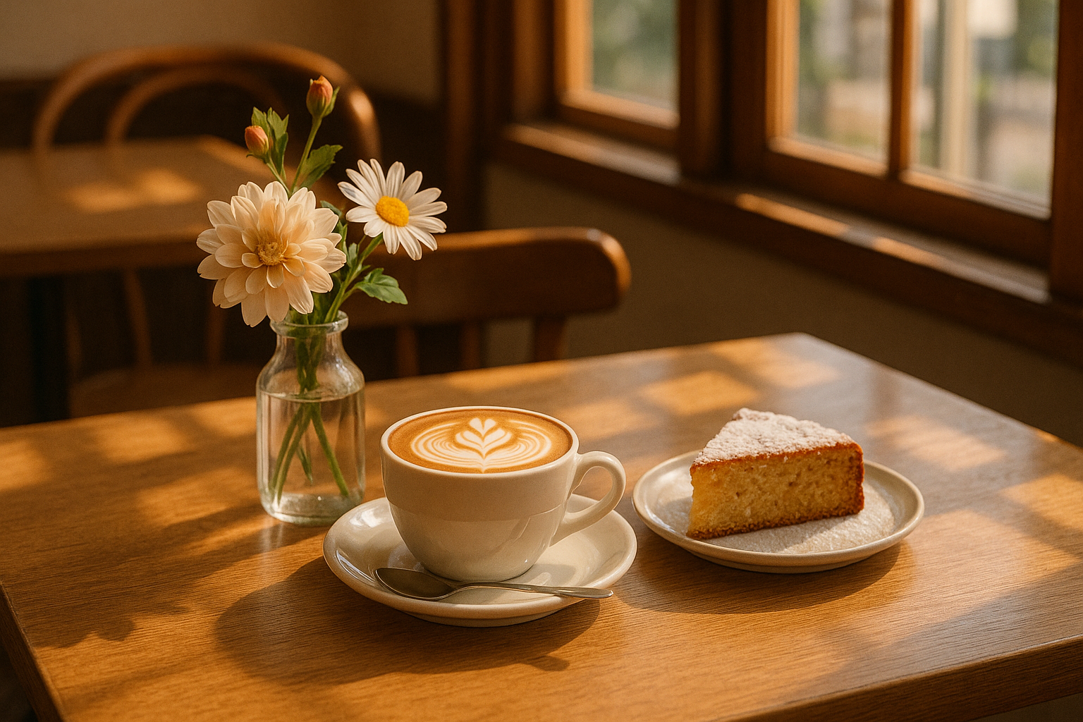 cozy café table with cappuccino, flowers, and a slice of cake, warm natural daylight, inviting and bright atmosphere, no people.