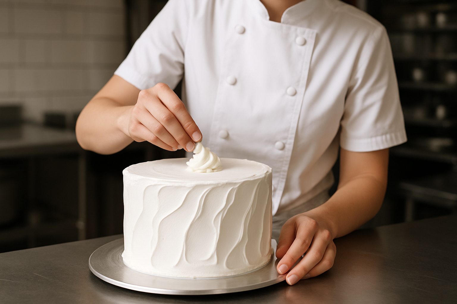 self made white cake decorated by a female chef, no face, no head, upper body visible, zoomed on cake