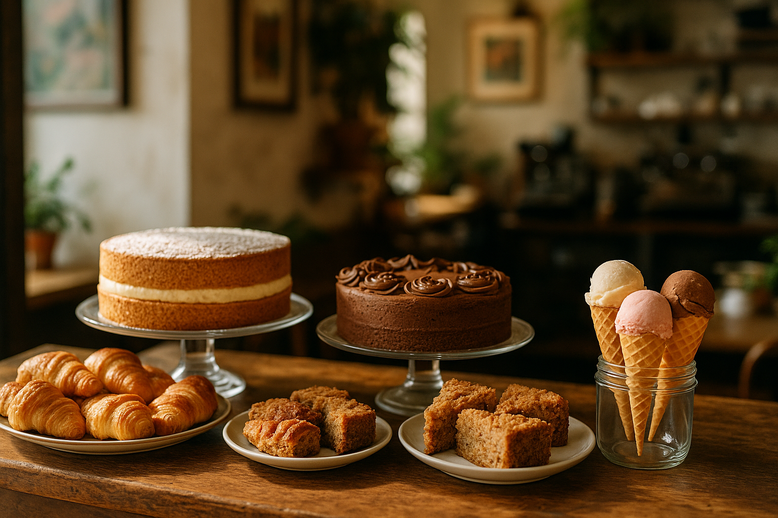 a cozy artisan café counter displaying homemade cakes, pastries and gelato cones, natural daylight, soft blurred café background with art on the wall, inviting and handcrafted atmosphere, realistic textures, professional food photography, no text, no people.