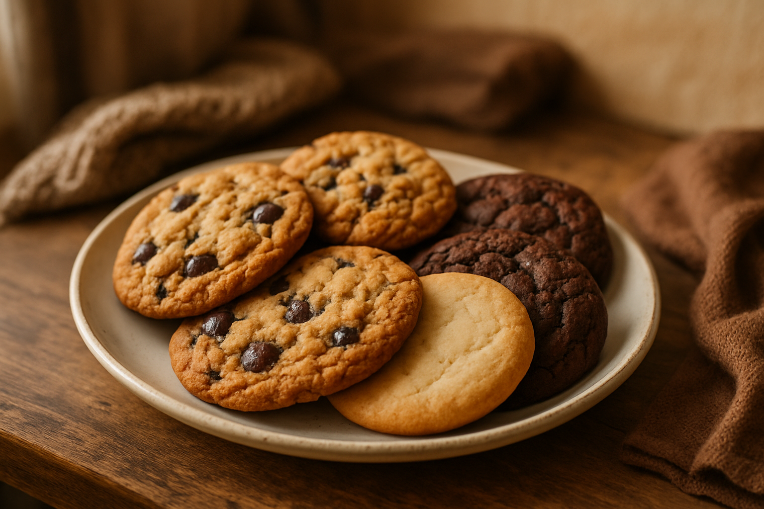 a plate of assorted homemade cookies, cozy background.