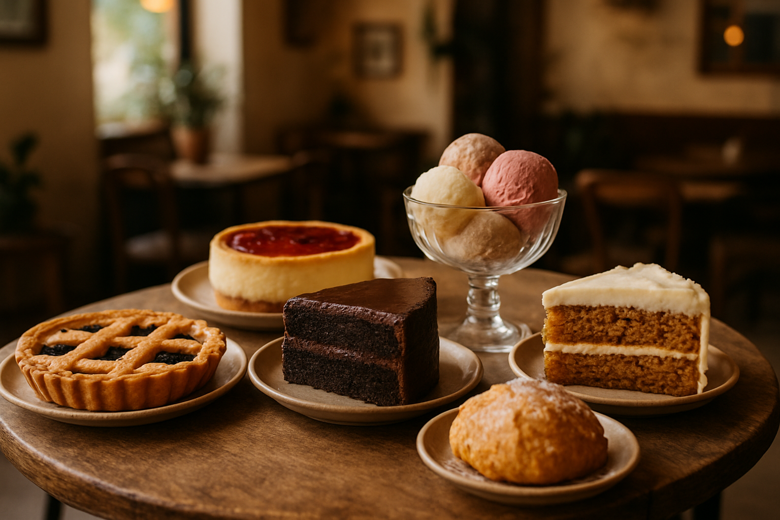 assortment of homemade cakes, pastries and gelato served on a rustic café table, natural daylight, warm tones, artistic café background, inviting and elegant presentation, professional food photography, no text, no people
