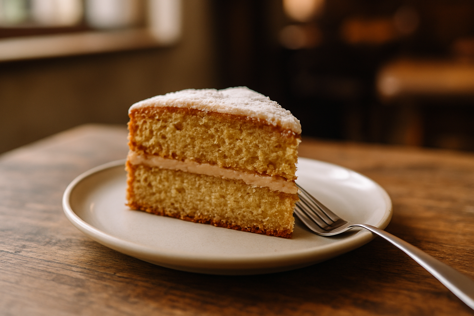 Close-up of a slice of homemade cake on a plate with fork, natural light, wooden table, cozy café mood