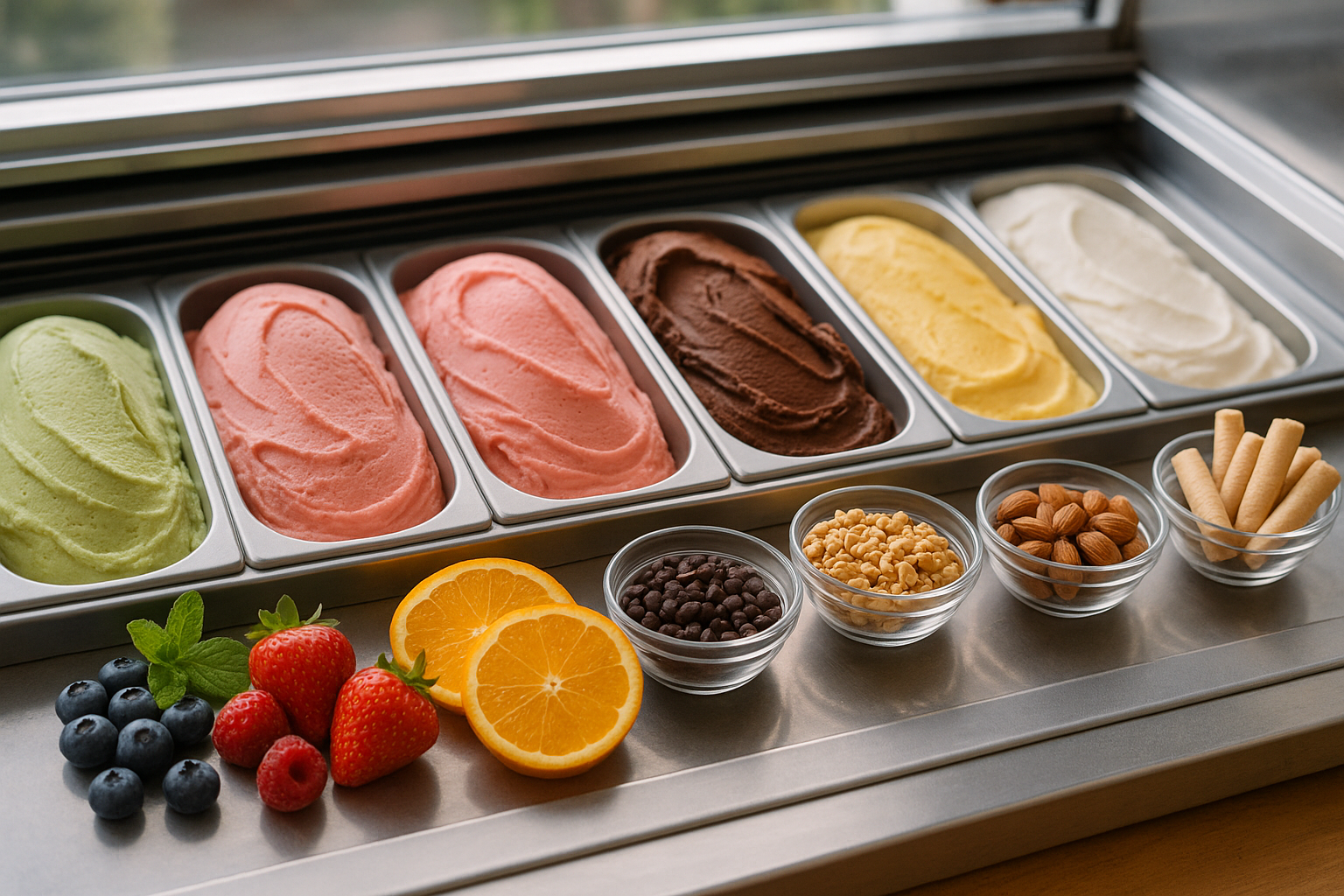Gelato display counter with colorful scoops, fresh fruits and toppings, bright and appetizing, natural daylight.